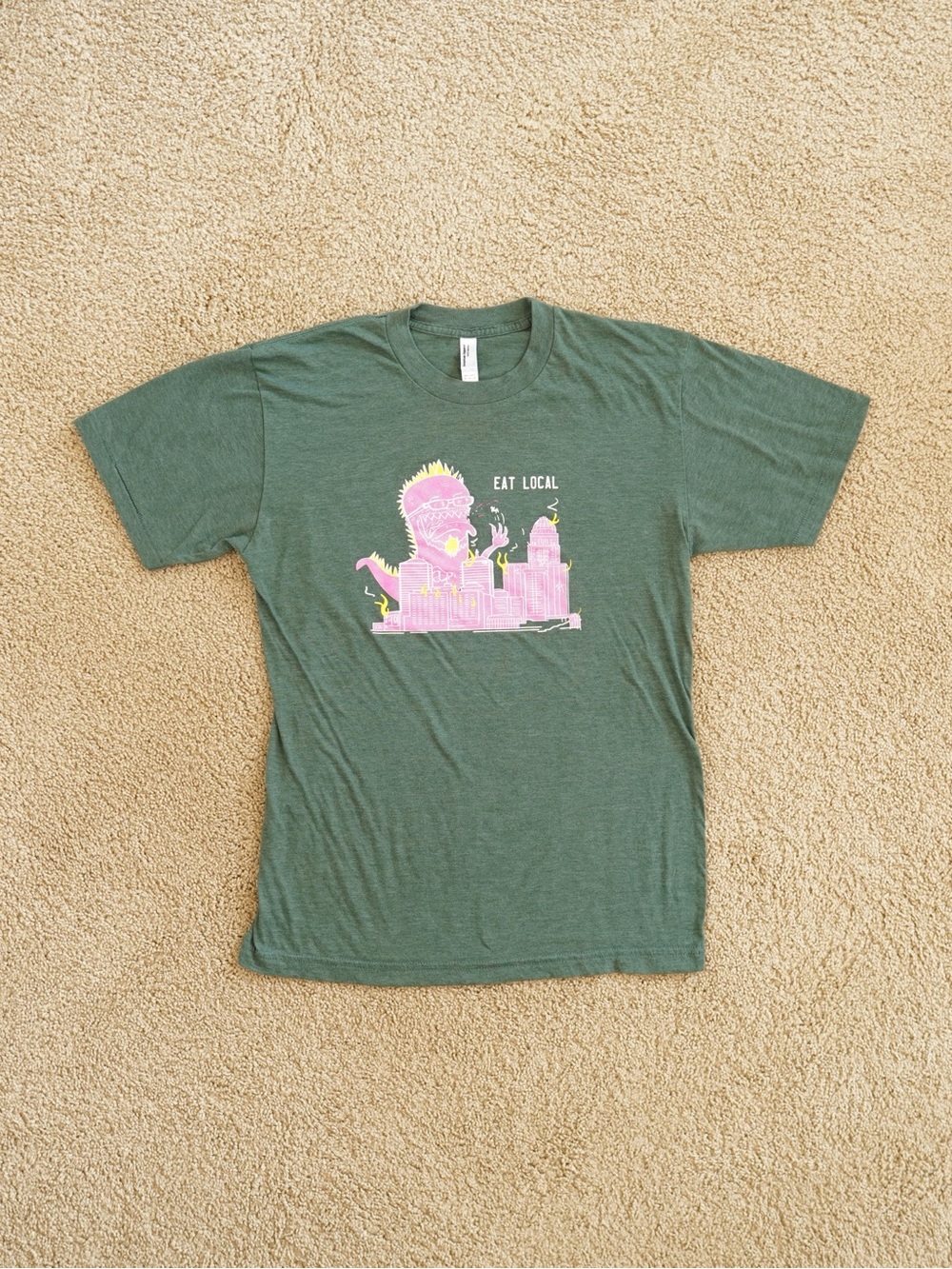 American Apparel Green Tee with Pink and Yellow Graphic